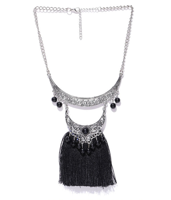 YouBella Black Oxidised Silver-Plated Textured Tasselled Necklace